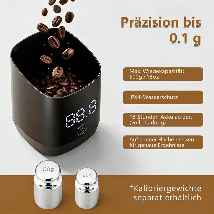 Ваги для кави Kaffeewaage 500г/0,1г, цифрові, з LED-дисплеєм, USB-C, IPX4, для еспресо, пуроверу та кавових зерен