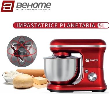Кухонний комбайн-тістоміс BEHOME 5л 1200Вт, планетарний міксер з 6 швидкостями, пульс-функцією та чашею з нержавіючої сталі, червоний
