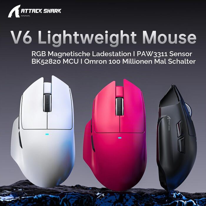Ігрова бездротова миша Attack Shark V6 Superlight 65г, сенсор PixArt PAW3311 25000 DPI, з магнітною док-станцією, ергономічний дизайн, Berry Red