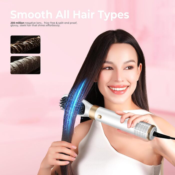 MogaWave Air Styler Pro 6 в 1: Фен-щітка, стайлер для волосся 1000W, професійний, для всіх типів волосся (біло-сірий)