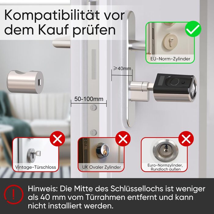 Електронний дверний замок WELOCK Touch41 з відбитком пальця, RFID-карткою та керуванням через додаток для вхідних дверей, регульована довжина 50-100 мм