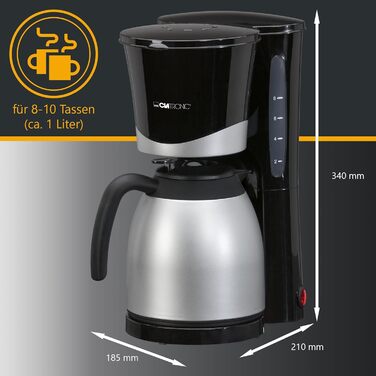 Кавоварка Clatronic KA 3327 з термочашею, 1 л, на 8-10 чашок, фільтр-кава, чорна/срібляста, автоматичне вимкнення, знімний фільтр, індикація рівня води