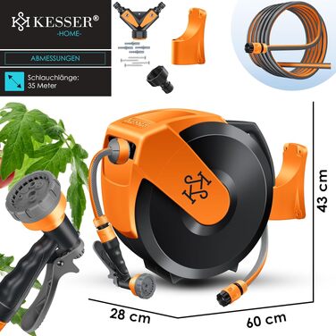 Шланг садовий KESSER® на котушці 35м з настінним кріпленням, поворотний 180°, автоматичне скручування, чорно-помаранчевий, з душем 7 функцій