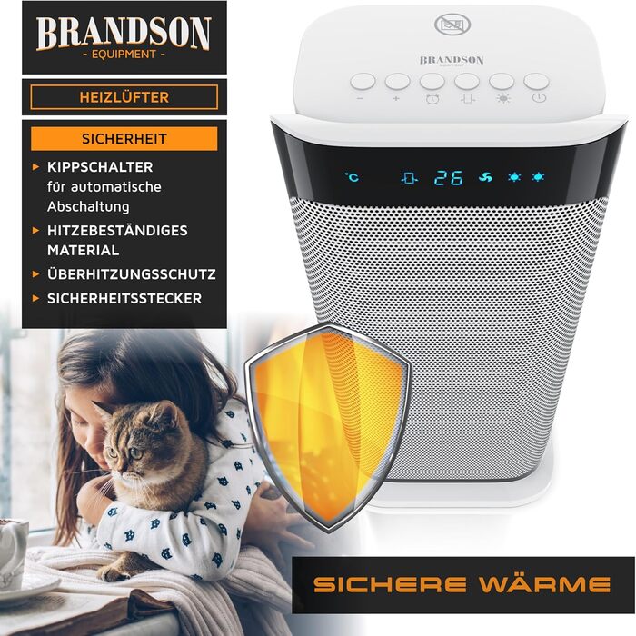 Енергозберігаючий керамічний обігрівач Brandson з дистанційним керуванням, для ванної, тихий, з таймером, функцією обертання, білий, GS сертифікат