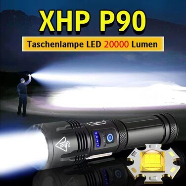 Ліхтарик LED 20000 люмен, акумуляторний з зарядкою Type-C, надяскравий, IP67 водонепроникний, 7 режимів, COB-робоче світло, 2 акумулятори 26650