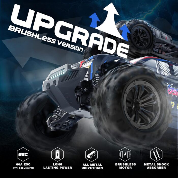 Радіокерований автомобіль Hosim 1:10, 60 км/год, 4WD позашляховик Monstertruck, 2 акумулятори, водонепроникний, для дорослих та дітей від 8 років, чорний