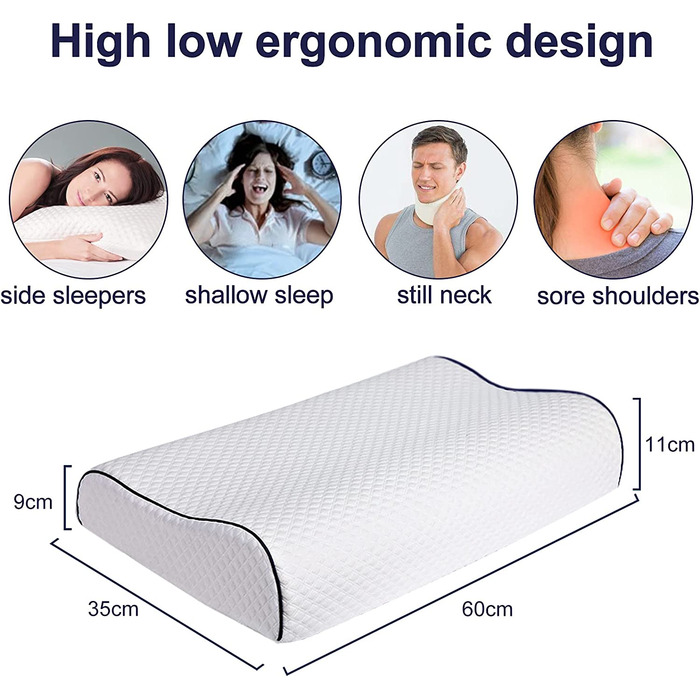 Ергономічна подушка для сну Fityou з ефектом пам'яті (Memory Foam) для підтримки шиї, регульована висота, з мийним чохлом, 60x35x9/11 см, синій кант