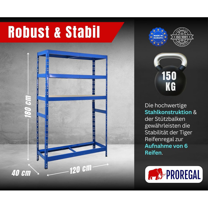 Стеляж для шин PROREGAL Tiger XL, 200x180x45 см, 300 кг на полицю, до 205/55 R16, для автосервісу, складу, підвалу (6 шин + 6 полиць, блакитний)