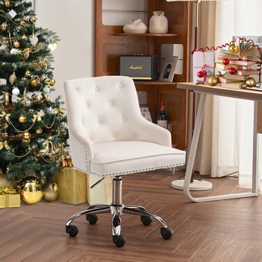 Крісло Sepnine Home з оксамиту для робочого столу, обертове, з підлокітниками, декороване цвяшками, біле, модель 6488, для спальні чи офісу