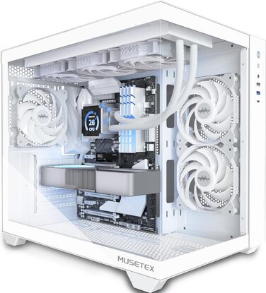 MUSETEX Y6 ігровий ATX корпус для ПК, білий, 270° огляд, загартоване скло, підтримка радіатора 360 мм, 3 встановлені вентилятори, Type-C