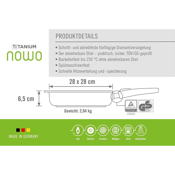 Сковорода-гриль Woll Nowo Titanium 28x28 см з рифленим дном, антипригарна, знімна ручка, для газових, електричних, склокерамічних, галогенових плит
