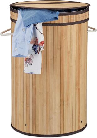 Кошик для білизни Relaxdays, бамбуковий, круглий, з кришкою, 65 л, складаний, Ø 40 см, натуральний