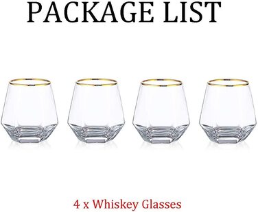 Набір склянок Diamond Whisky Glasses, 4 шт, 300 мл, скло з золотим обідком для віскі, бурбону, рому, бару, подарунок для чоловіків і жінок