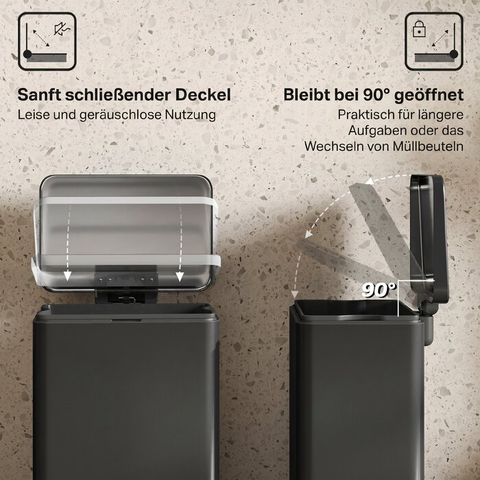 Сміттєвий відер 20 л з педаллю та кришкою Soft-close, знімний внутрішній контейнер, матовий чорний, 34,2 x 30,6 x 44,2 см
