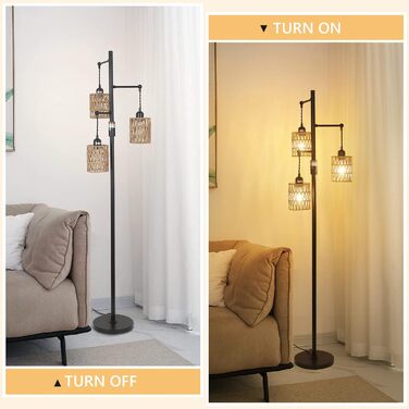Торшер Rayofly з регулюванням яскравості, вінтажна підлогова лампа з ратановими абажурами, 3-плафони, стиль бохо, для вітальні, спальні, дитячої кімнати чи офісу, висота 165 см