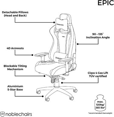 Ігрове крісло noblechairs Epic Borussia Dortmund, ергономічне, офісне, з підголівником і поперековою підтримкою, PU-шкіра, чорне/жовте, для користувачів до 120 кг і зросту до 185 см