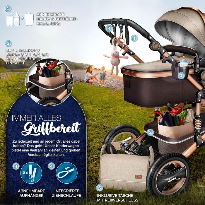Дитяча коляска KIDUKU® 3 в 1 XXL Комплект | Комбінована коляска з люлькою, візком та автокріслом, комплект включає: люльку, візок, автокрісло, підніжка для ніг, сумка для пеленання, грілки для рук, дощовик, столик для дитини, гумові колеса, ECE R129, Колі