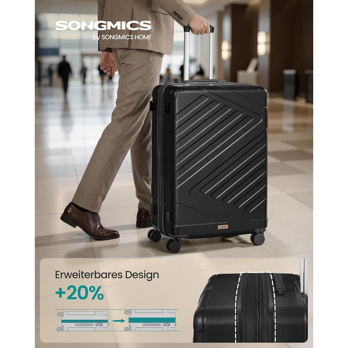 Валіза для подорожей SONGMICS XL 65 см, твердий корпус ABS, розширювана, з TSA-замком та ременем, чорна (RP002C101)