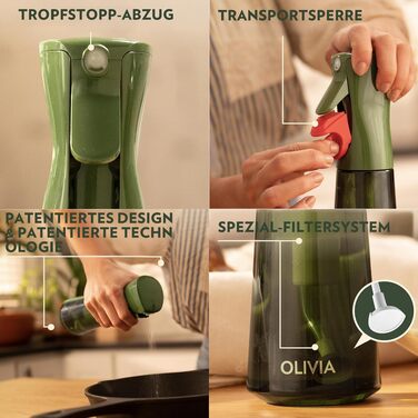 Скляний розпилювач для оливкової олії FLAIROSOL OLIVIA, 200 мл, дозатор для кухні, гриля та аерофритюрниці (Зелений)