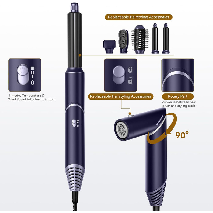 UKLISS 5-в-1 Airstyler Фен-щітка для укладки волосся з насадкою для локонів, 60000 об/хв, блакитний