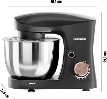 Кухонна машина Heinrichs 1500W з місткою чашею 6L з нержавіючої сталі, 10 швидкостей, титан, міксер, тістоміс, планетарний міксер