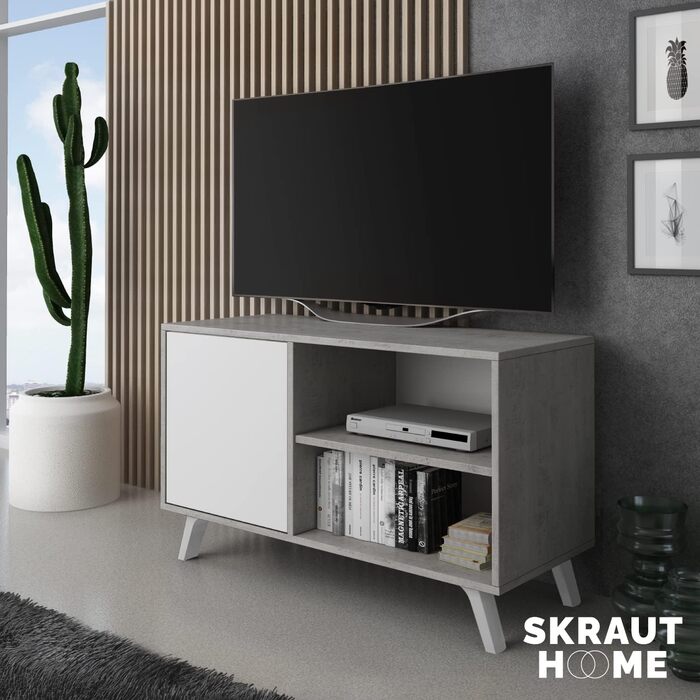 ТВ-тумба Skraut Home Wind 100 для вітальні, 57x95x40 см, для телевізора 32-40 дюймів, біла розпашна дверцята, цемент