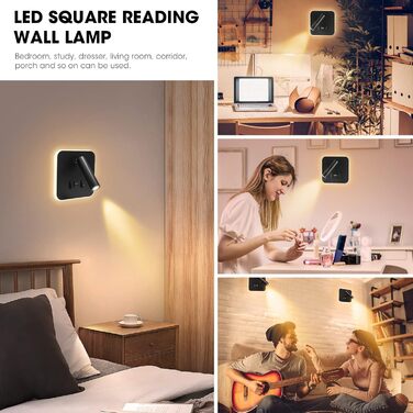 Комплект з 2 LED настінних світильників для інтер’єру з вимикачем і USB, 12W, 360° поворот, сучасна настінна лампа 3000K тепле біле світло для спальні та вітальні