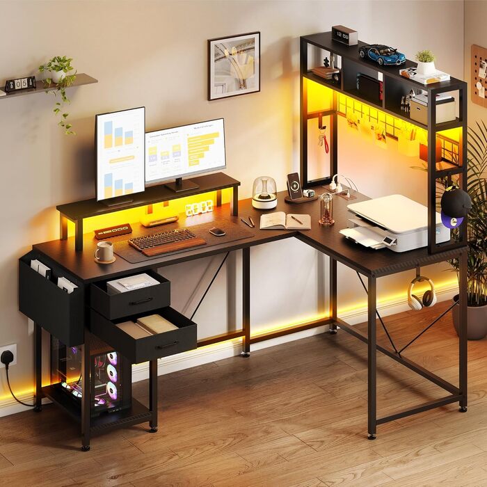 Ігровий кутовий стіл YITAHOME з розетками та LED підсвіткою, 150x100x150 см, чорний - стіл для комп'ютера з полицями та підставкою під монітор для дому/офісу