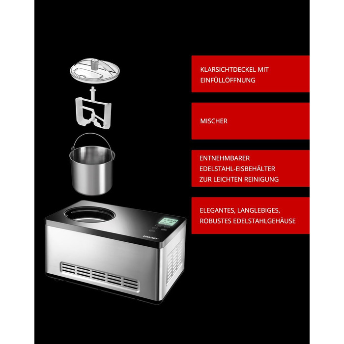 Морозивниця UNOLD 48845 Gusto з компресором, 2 л, 180 Вт, нержавіюча сталь, LCD-дисплей, таймер