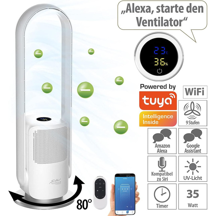 Безлопатевий турбовентилятор та очищувач повітря Sichler 2-в-1, 360°, HEPA, Wi-Fi, керування через додаток, 35 Вт – баштовий вентилятор з таймером для дому