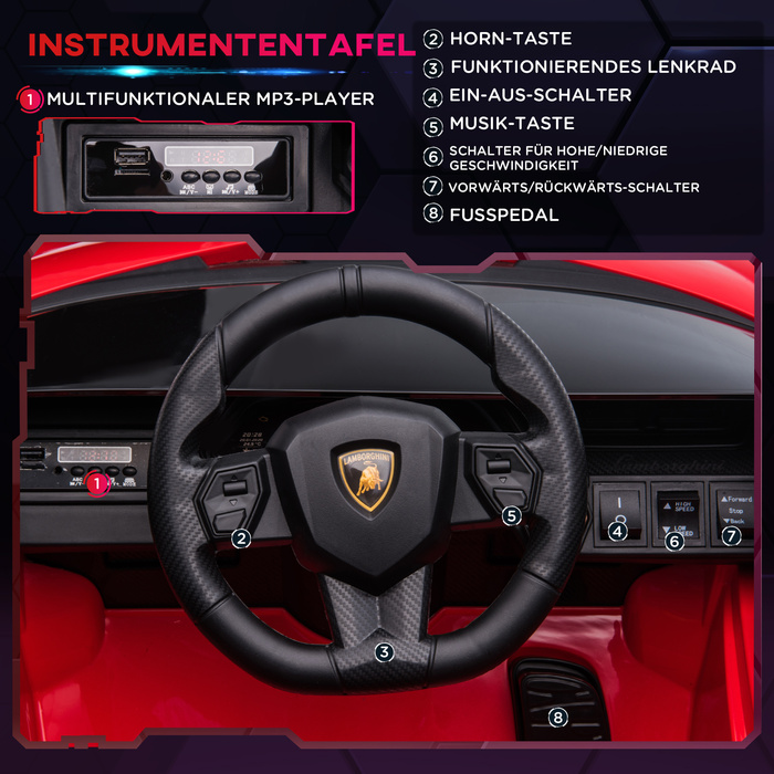 Дитячий електромобіль 12V, 2 режими руху, Lamborghini Sian SUV, іграшковий електромобіль з пультом дистанційного керування, музикою (MP3/USB), світлом, для дітей 3-5 років (37-60 місяців), металевий, червоний, розміри: 108 x 62 x 40 см