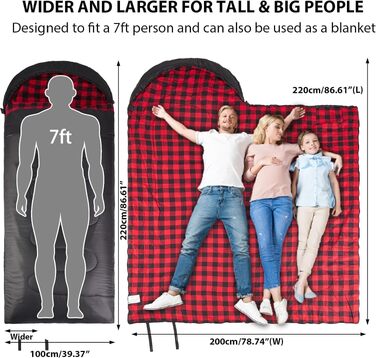 Всесезонний спальний мішок GEERTOP XXL з фланелі для дорослих, 220x100 см, для кемпінгу, походів та подорожей, чорний у червону клітинку
