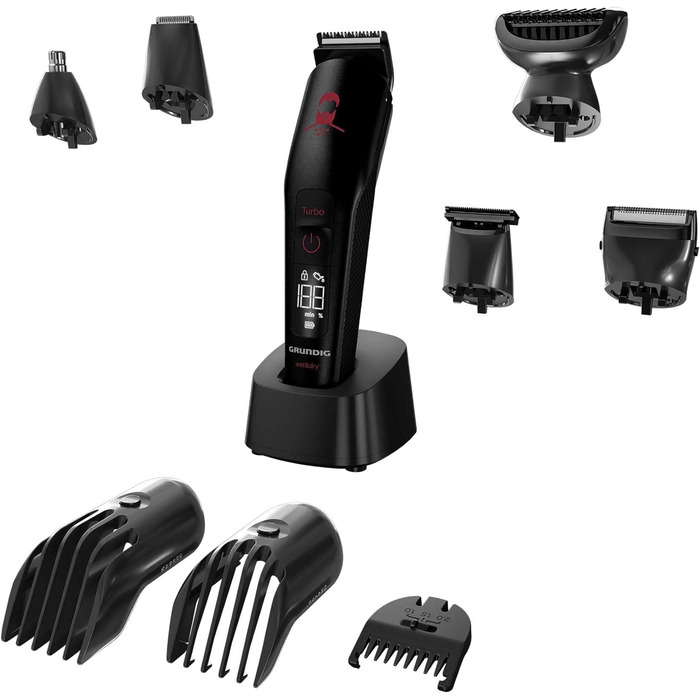 Машинка для стрижки GRUNDIG MGK 9030 ProClub, сенсор для бороди, вологе та сухе використання, літій-іонний акумулятор, титанове лезо, чорний/червоний