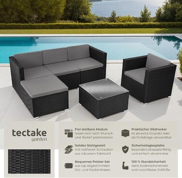 Комплект садових меблів tectake® з поліротанга: диван, крісло, пуф, стіл, чорний, для тераси, балкона та саду, 4-5 осіб, стійкі до погодних умов