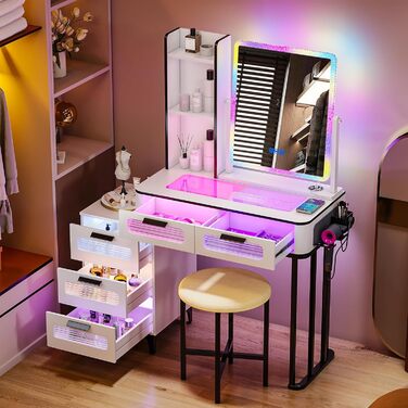 Туалетний столик Lvifur з RGB підсвіткою, бездротовою зарядкою та USB, сім кольорів, спальня, з м'яким пуфом, 5 шухляд, сірий