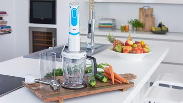 Блендер Braun MultiQuick 5 Vario MQ 5260WHBL, 1000 Вт, з нержавіючою насадкою та спіральною теркою, біло-синій, набір насадок