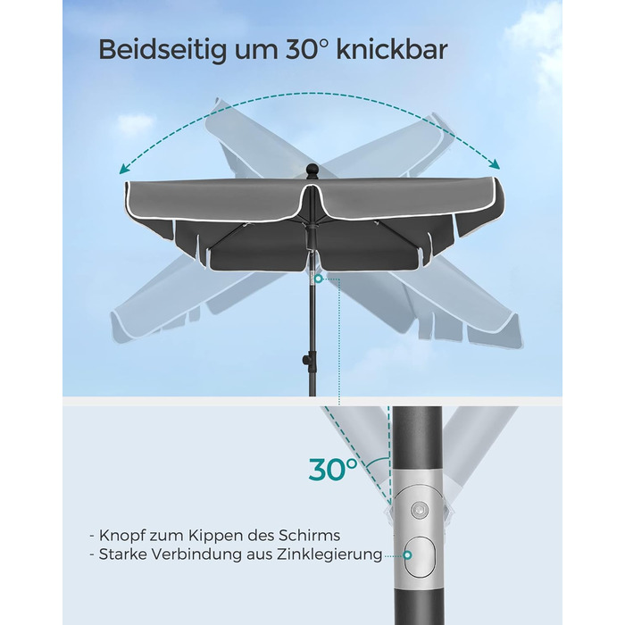 Сонячна парасоля SONGMICS 200x125 см, UPF 50+, регульована висота, двосторонній нахил 30°, для балкона, саду, з чохлом, без підставки, сіра
