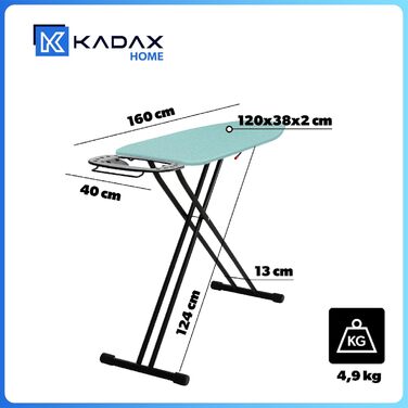 Праскадошка KADAX 120x38 см, складаний прасувальний стіл із регульованою висотою, антипригарне покриття, ніжки з нековзними накладками, 8 мм підкладка, колір м'ята