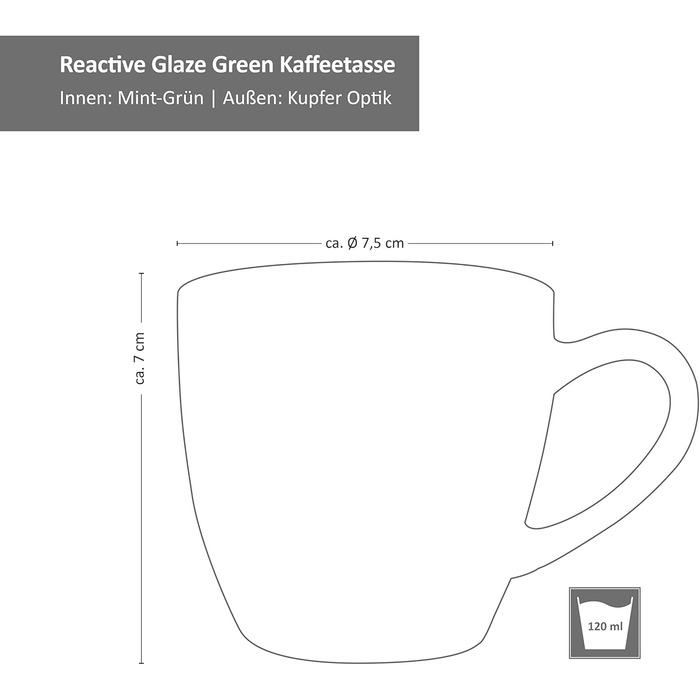 MamboCat Кавовий сервіс 18 предметів Green Reactive Glaze для 6 осіб. Керамічний набір ручної роботи з ефектом м'ятиного кольору та мідною окантовкою (6 чашок, 6 тарілок, 6 десертних тарілок).