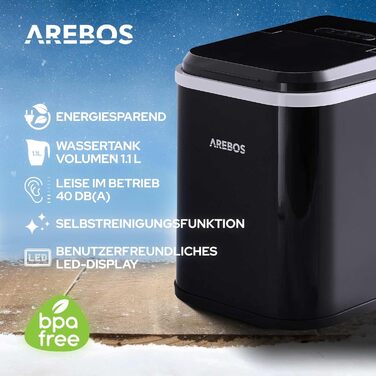 Машина для приготування льоду Arebos 12 кг/24 год | Чорна | З самоочищенням, тихою роботою та вікном для контролю рівня льоду