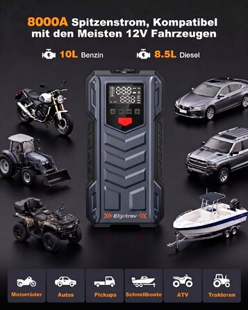 Пусковий пристрій (бустер) Starthilfe 8000A з компресором 150 PSI, 9-в-1: Jump Starter 12V для бензинових та дизельних авто (до 14л), електричний насос та Powerbank з швидкою зарядкою 30W