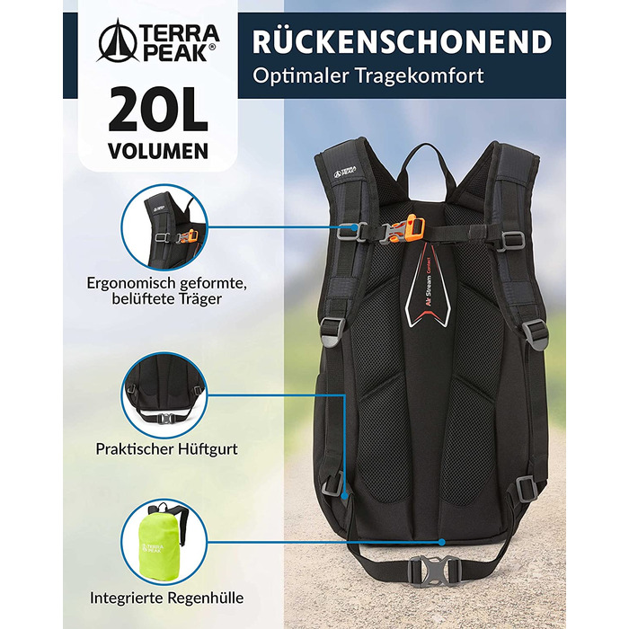 Туристичний рюкзак Terra Peak Flex 20L, чорний, з вентиляцією спини, питною системою та дощовиком, поліестер 3D Air Mesh, для походів та міста
