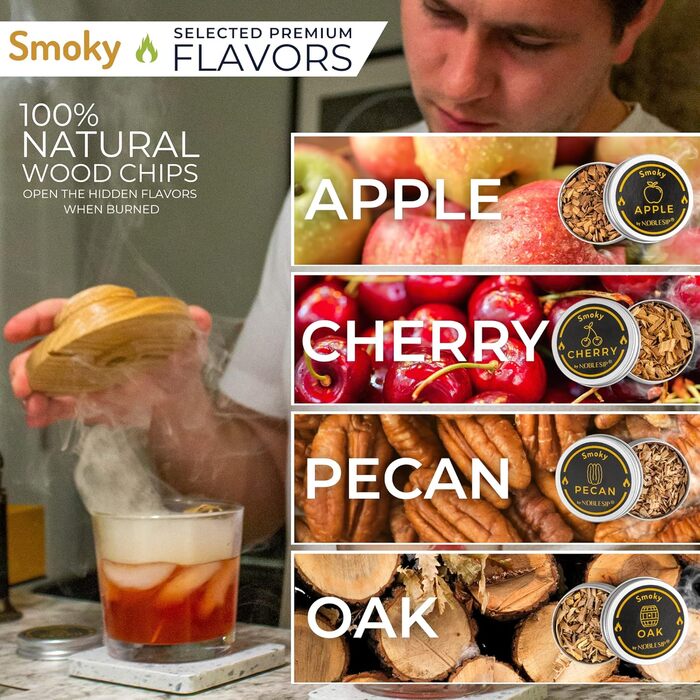 Набір для копчення віскі Smoky NOBLESIP з ліхтарем та дерев'яною стружкою - преміум подарунковий набір для копчення віскі, бурбону та коктейлів