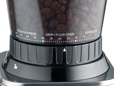 Електрична кавомолка CASO BaristaChef Inox з нержавіючої сталі, конічне жорно, 48 ступенів помолу, тримач для портафільтра, 450 об/хв, індивідуальне дозування