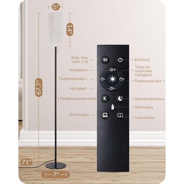 Торшер EDISHINE LED для вітальні, димований, E27, лампа для читання з лляним абажуром і пультом, підлоговий світильник з 3 режимами кольору, вінтажний для спальні, чорний