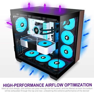 Ігровий корпус FOIFKIN M9 ATX Mid-Tower, чорний, з дерев'яною горіховою передньою панеллю, трьома встановленими PWM ARGB вентиляторами, 270° панорамним склом, Type-C