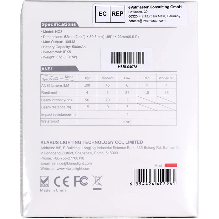 Klarus HC3 LED-ліхтар на кепку з білим і червоним світлом, сенсорним керуванням, 5 режимів, для полювання, кемпінгу та риболовлі
