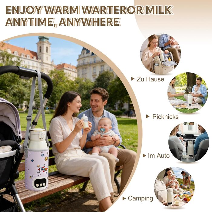 Портативний підігрівач для дитячих пляшечок з акумулятором 14000mAh, USB-C, об'єм 500 мл, бежевий