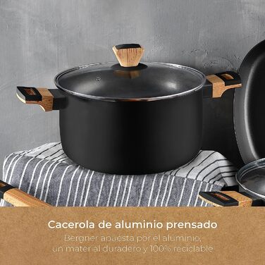 Каструля BERGNER Earth Black 24 см, алюмінієва з антипригарним покриттям, дерев'яна ручка, для індукції та всіх типів плит, з кришкою, чорна