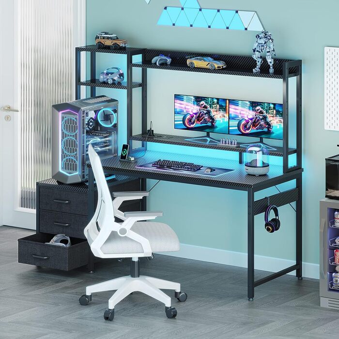 Ігровий стіл Coleshome з LED підсвіткою, полицею, висувними ящиками та розеткою 137x48 см (Чорний карбон)